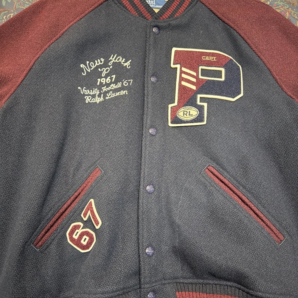 Ralph Lauren Black and Burgundy Wool-Blend Varsity Jacket
